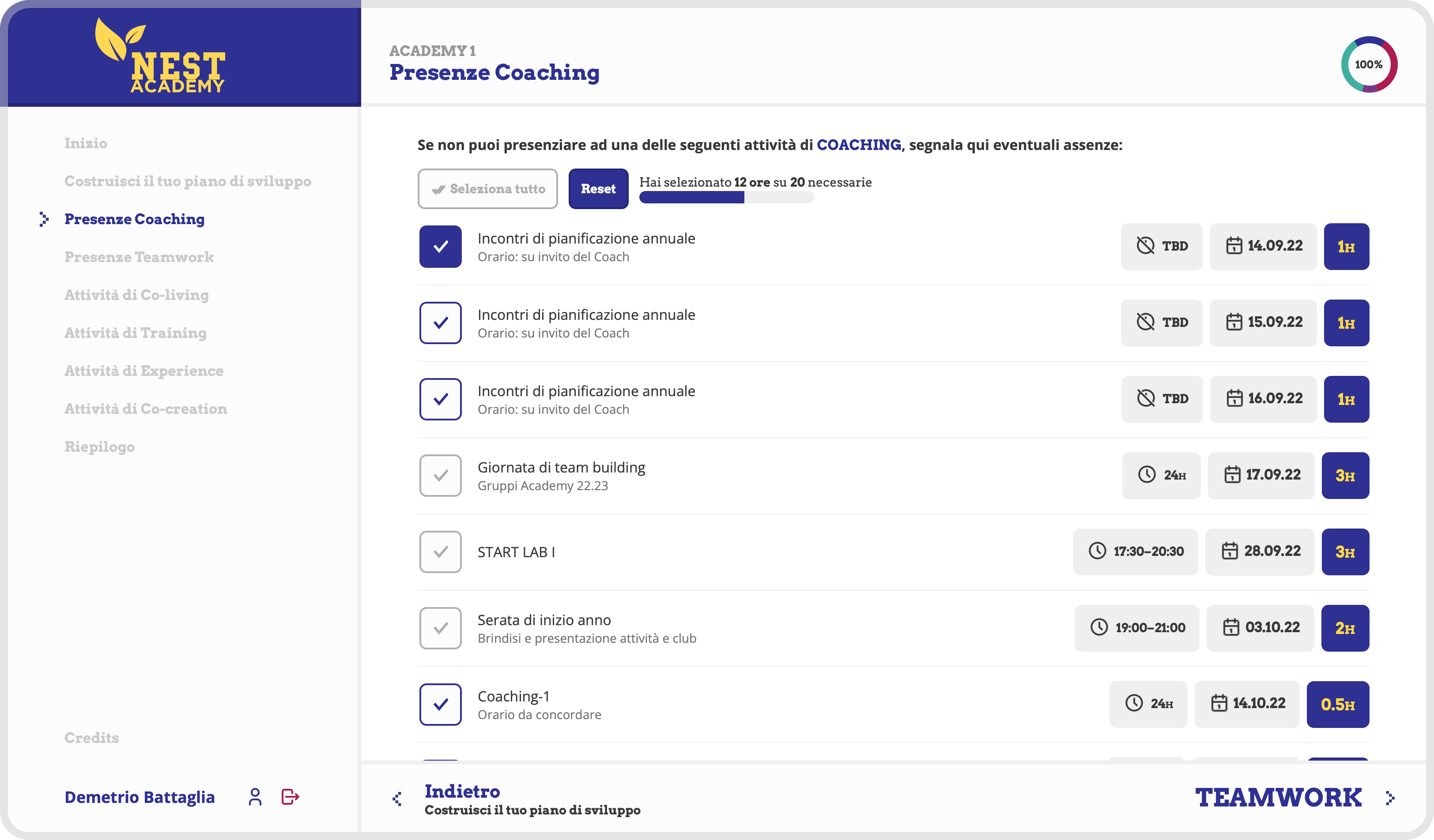 Screenshot: the procedure of choosing activities for the study plan in NEST Academy